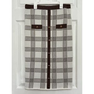 Love +‎ Luxe Brown White Plaid Straight Pencil Midi Preppy Skirt Gold Buttons S